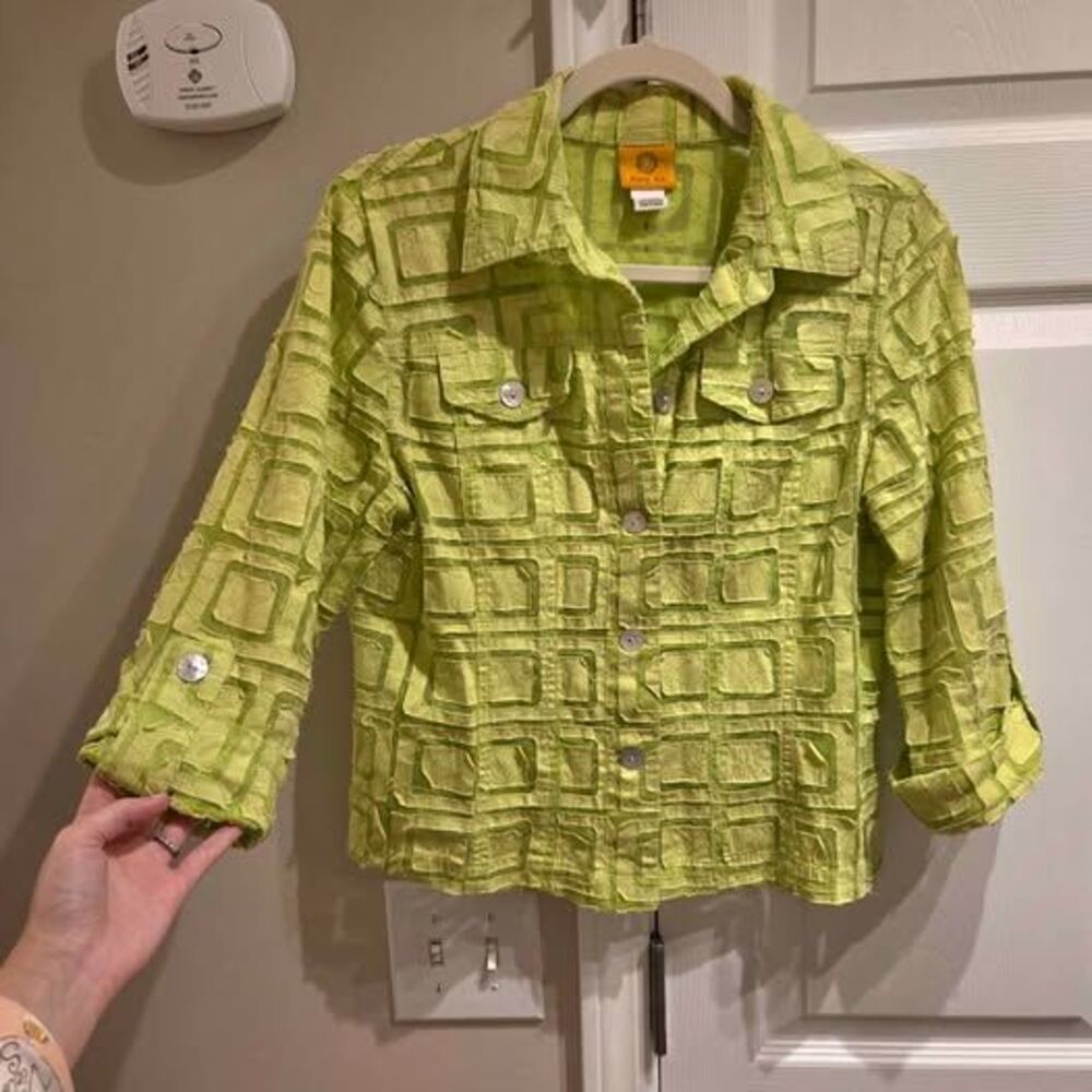 Ruby Rd. Abstract Geometric Square Sheer Green Blouse Sz 10